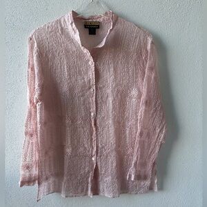Silk Pale Pink Button Blouse Long Sleeve Size L Sheer Embroidery Floral Pattern